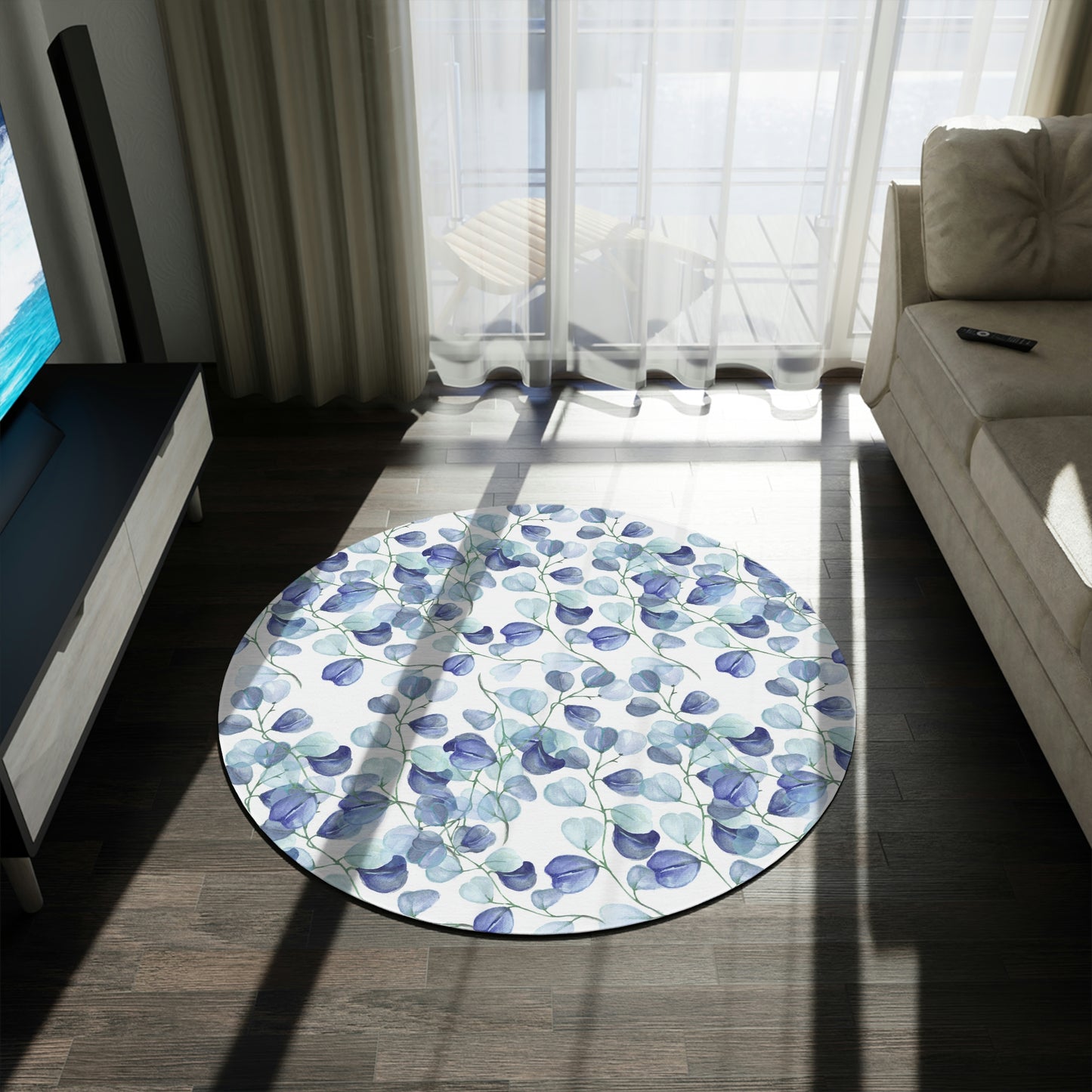 Blue Leaf Round Rug