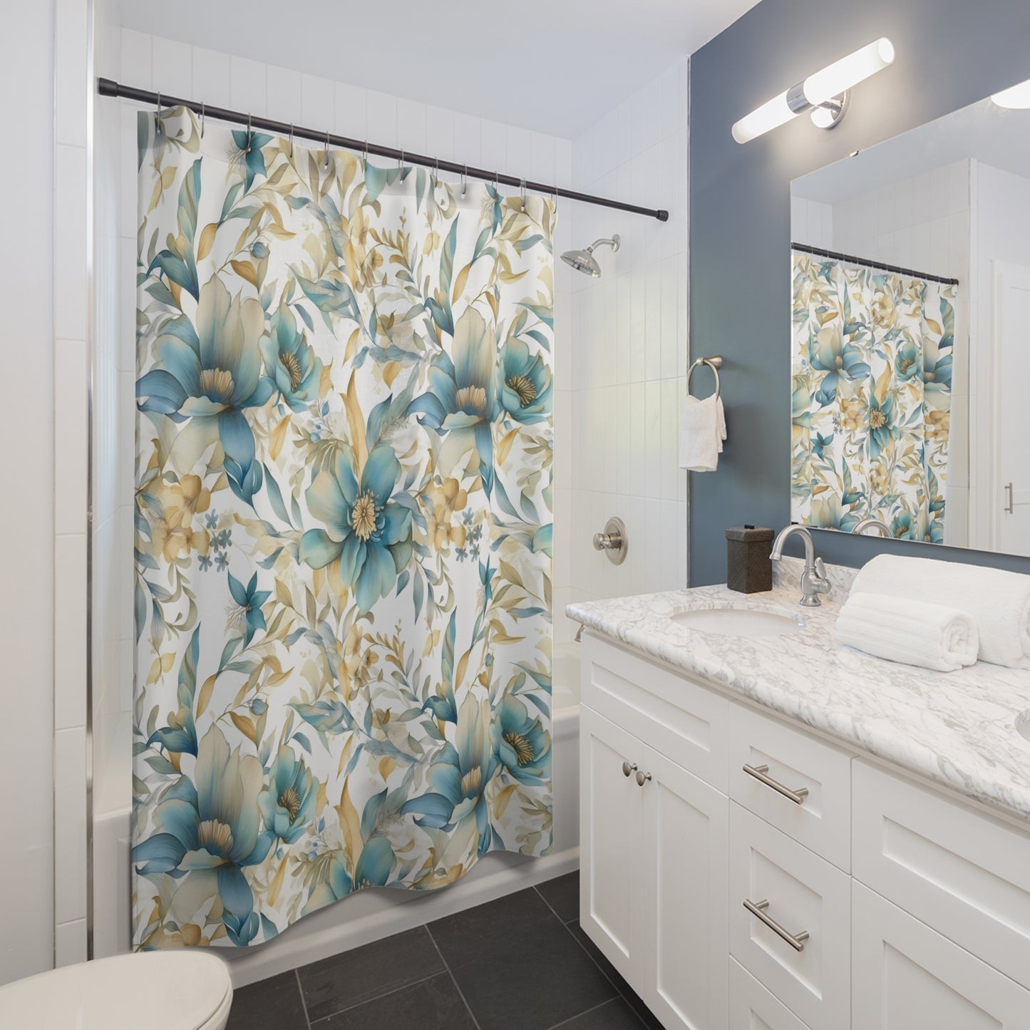 Gold Floral Shower Curtain / Blue Bath Decor