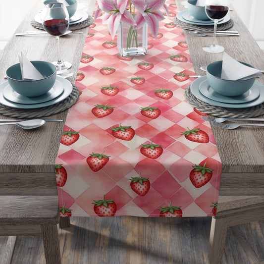 summer watercolor strawberry table runner in pink and white check