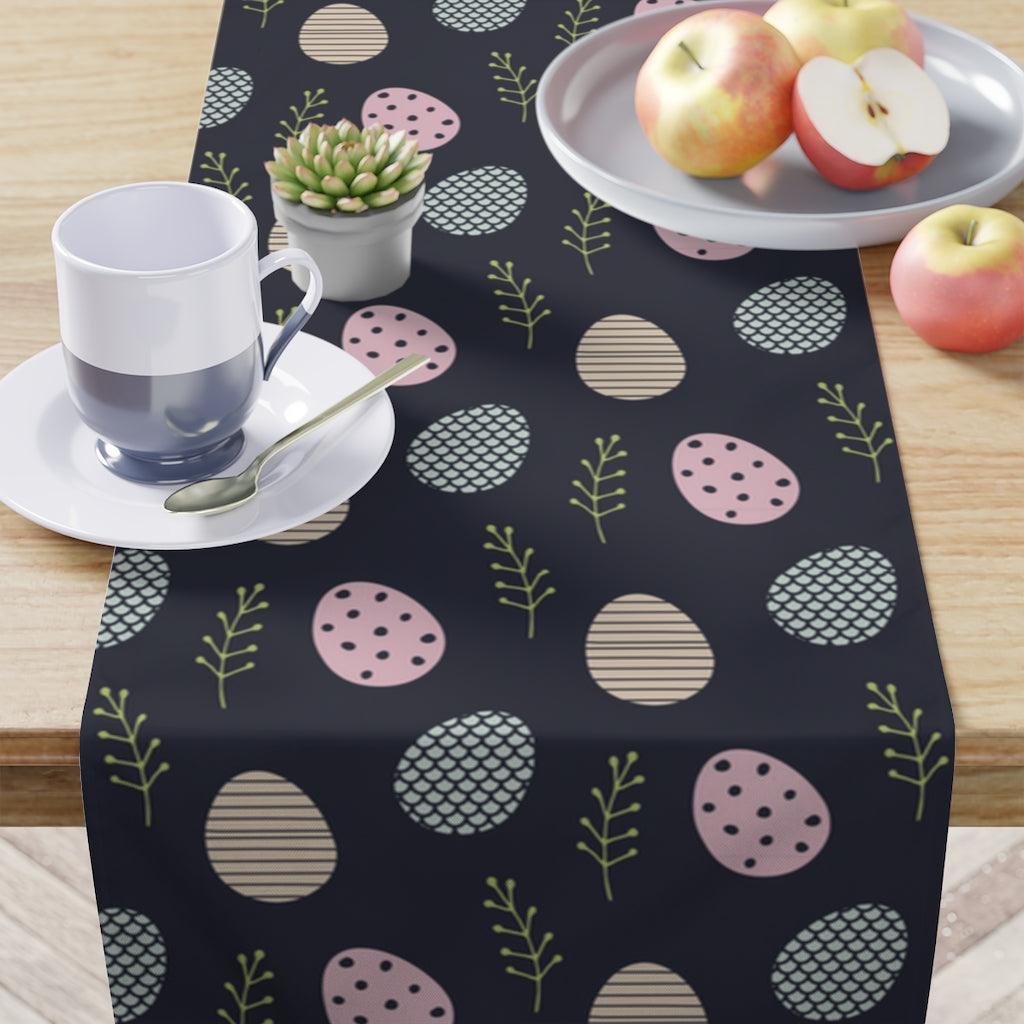 easter egg table runner with easter eggs on a navy blue backgroung