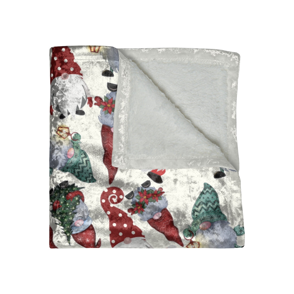 folded view of christmas gnome crushed velvet blanket