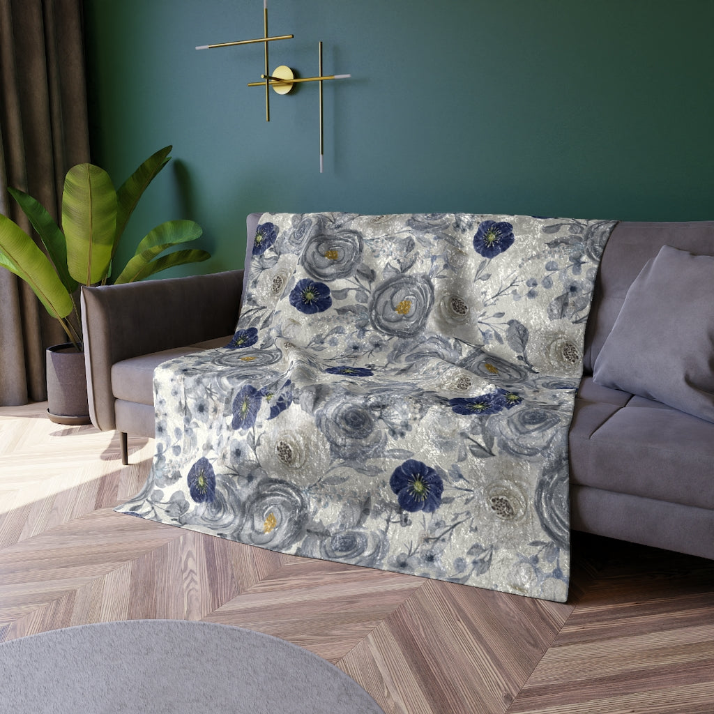 blue watercolor rose blanket in crushed velvet material