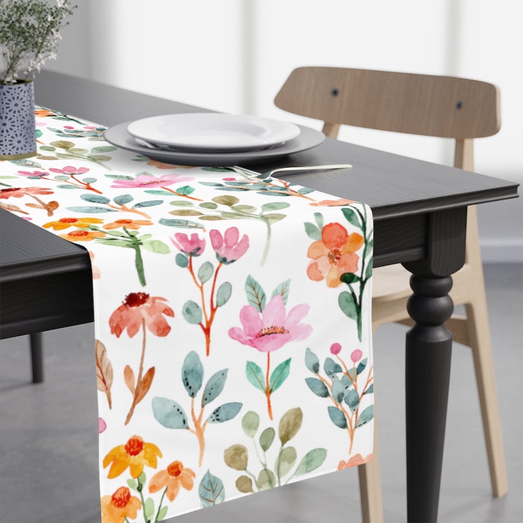 watercolor floral table runner with summer flowers and leaves