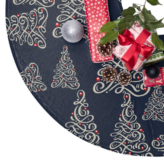 navy blue christmas tree skirt with silver tree pattern with red bulbs