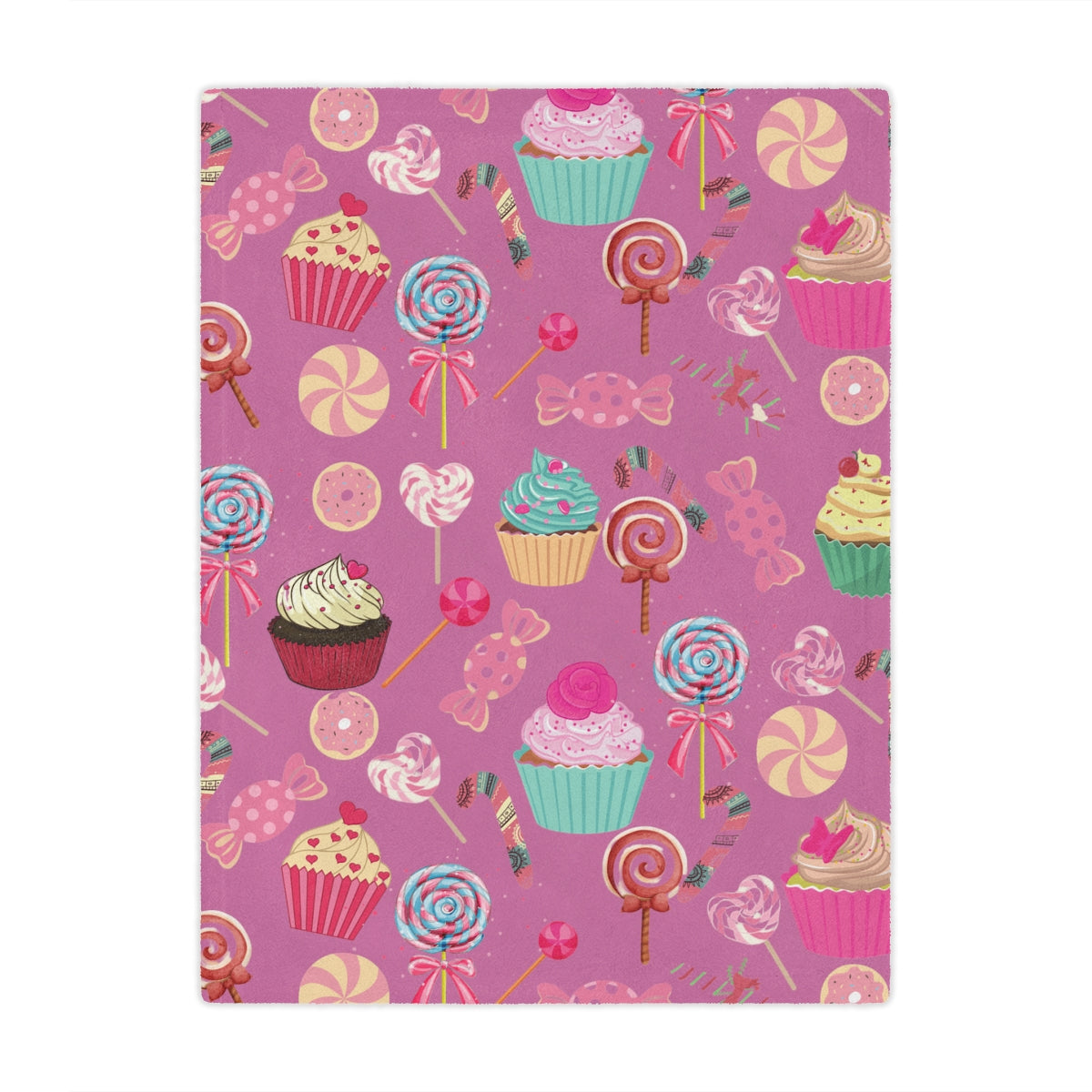 pink christmas blanket with candy cane, suckers and cupcakes
