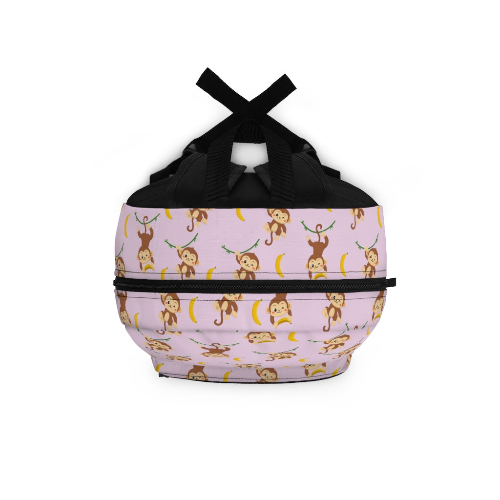 pink monkey backpack with monkeys and yellow bananas