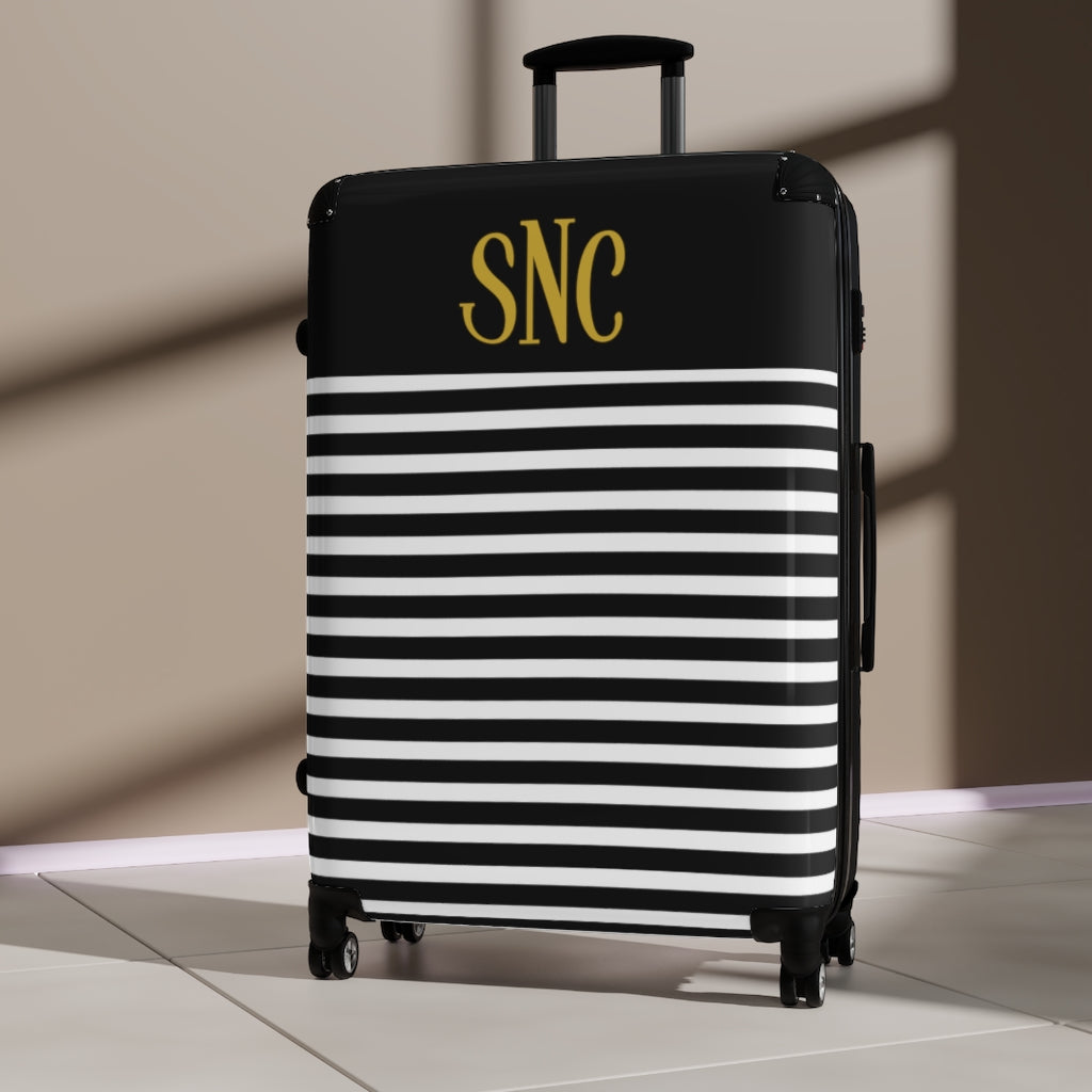 Monogram Suitcase / Personalized luggage / Black and White Striped Travel Suitcase
