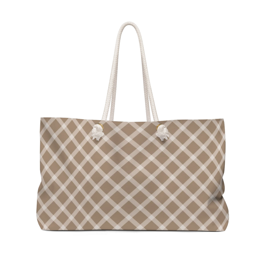 farmhouse beige plaid travel bag with rope handles.