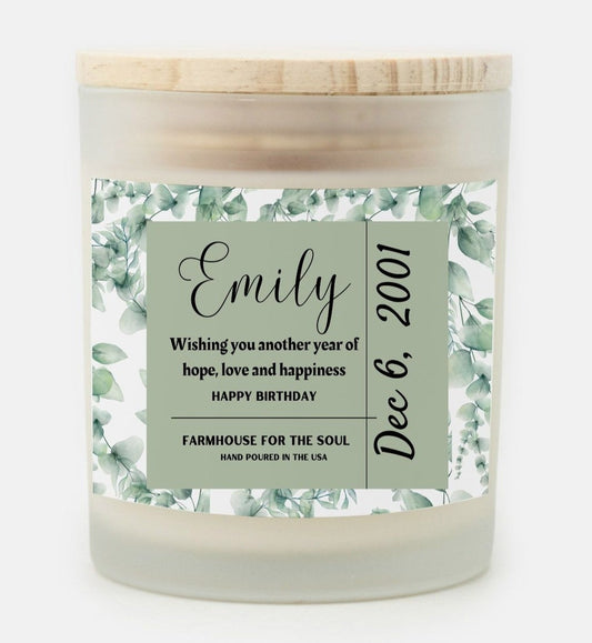personalized birthday candle with eucalyptus leaves print