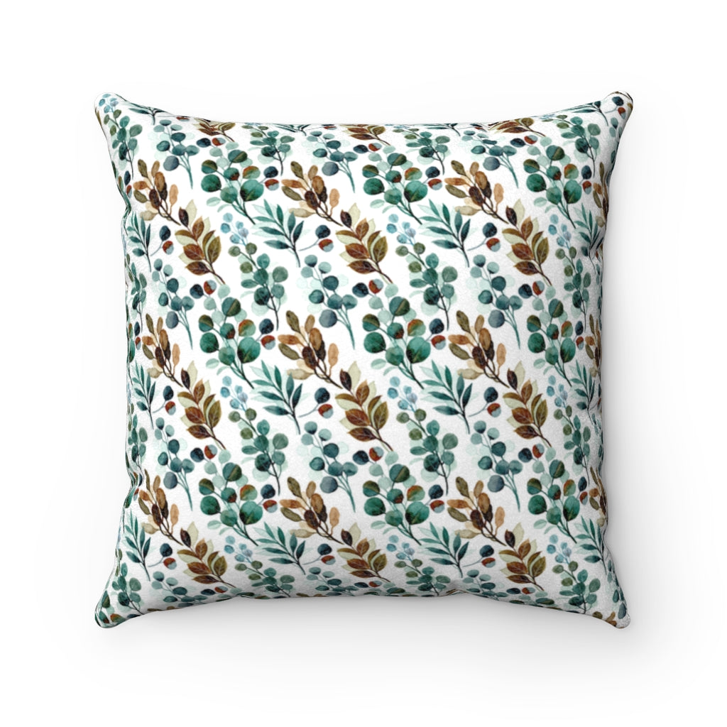 farmhouse floral and leaves pattern pillow in teal blue and brown color