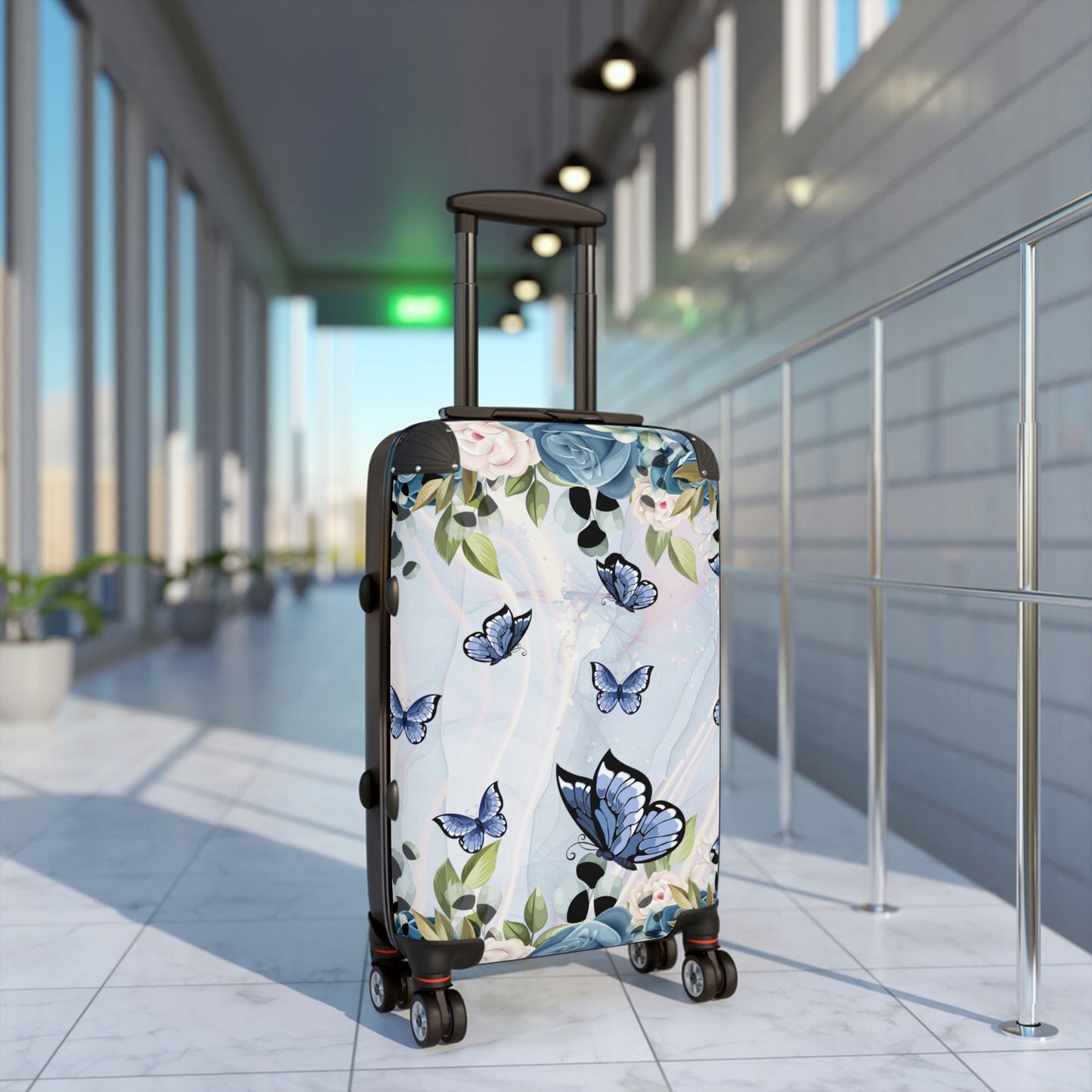 Women's Wheeled Hard Shell Suitcase / Blue Butterfly and Rose Luggage