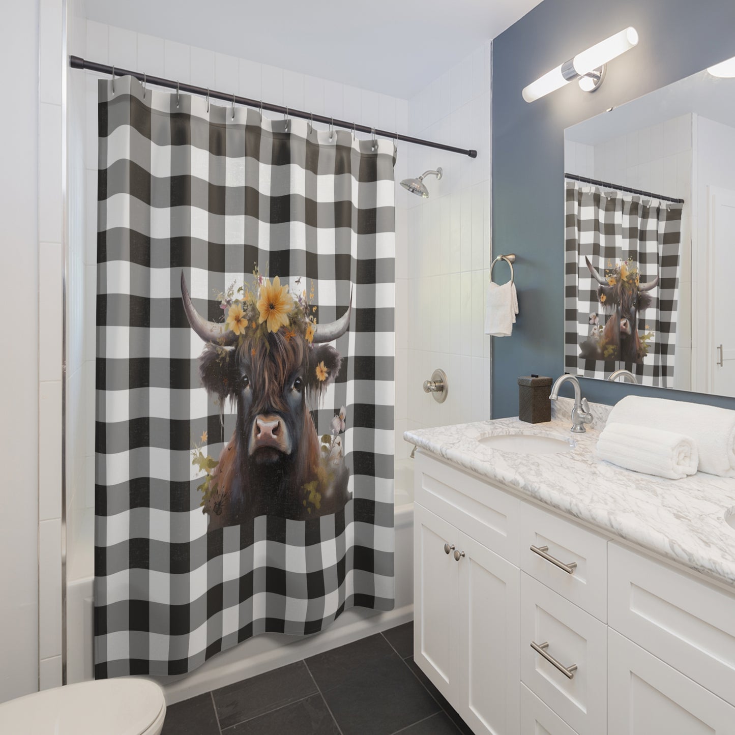 Buffalo Plaid Shower Curtain / Highland Cow Print