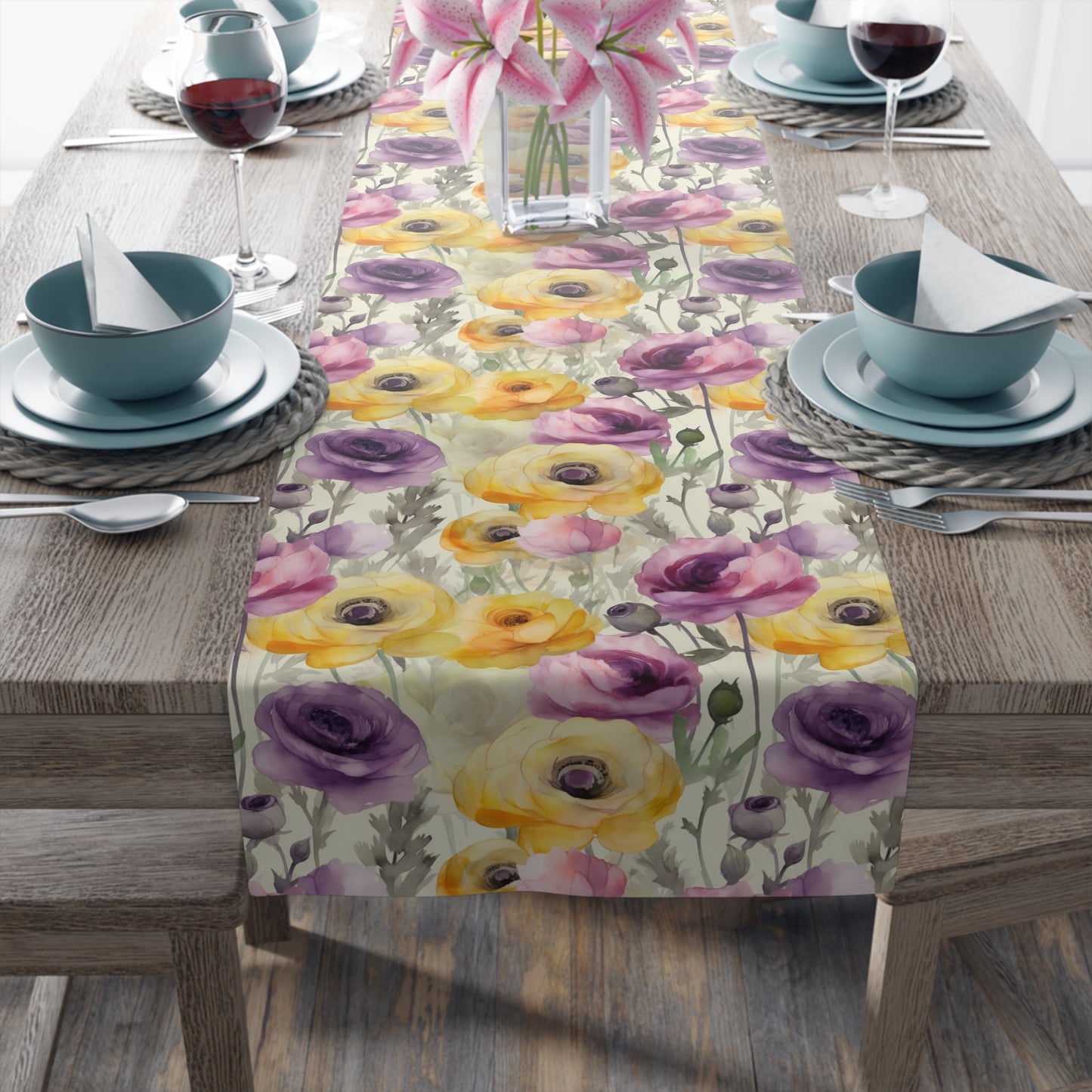 Purple Floral Table Runner, Yellow Summer Table Runner