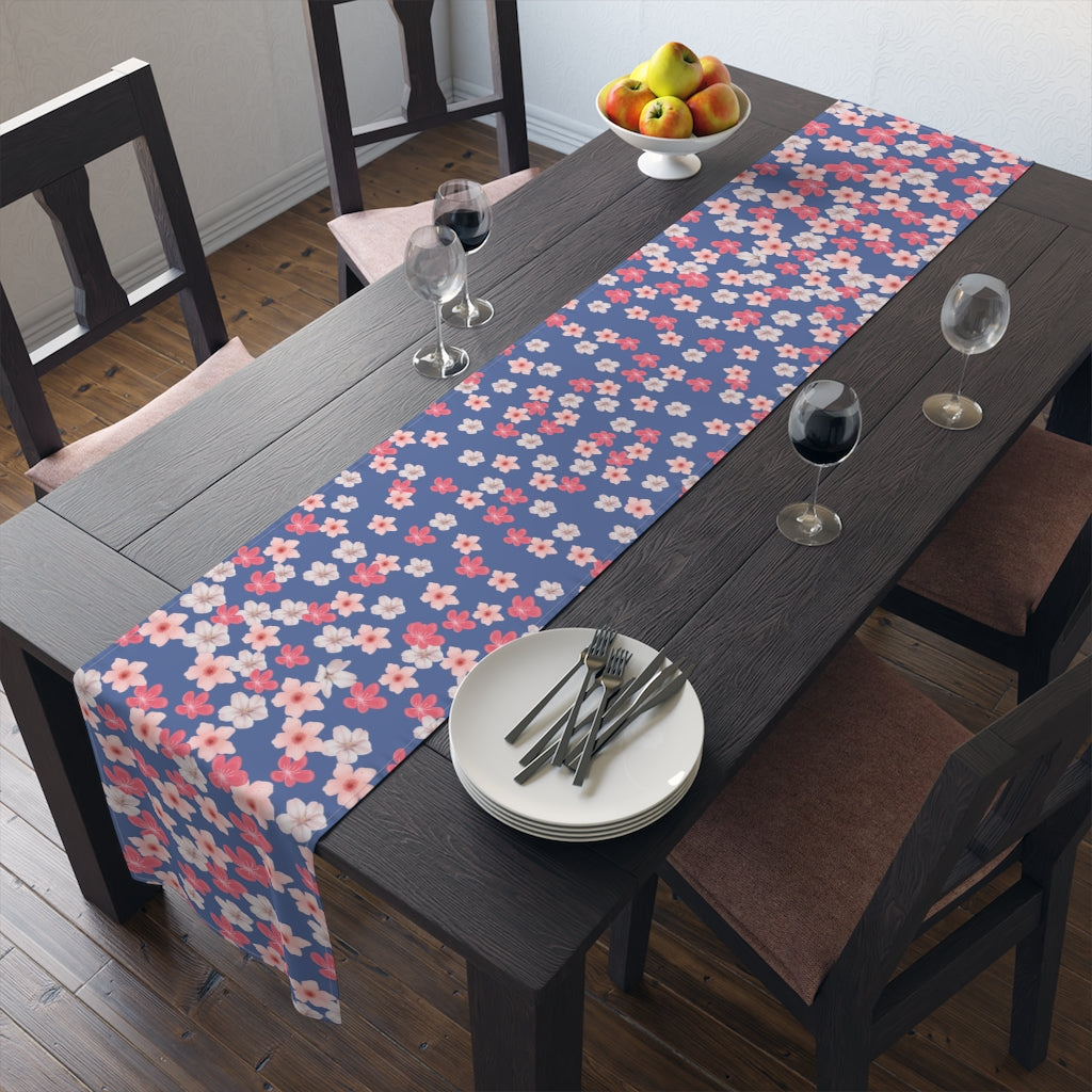 cherry blossom table runner with light and dark pink and white flowers