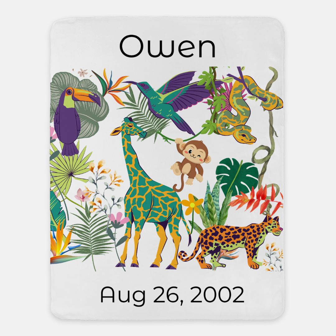 Personalized Jungle Animal Baby Blanket / Nursery Sherpa Blanket - 60" x 80"
