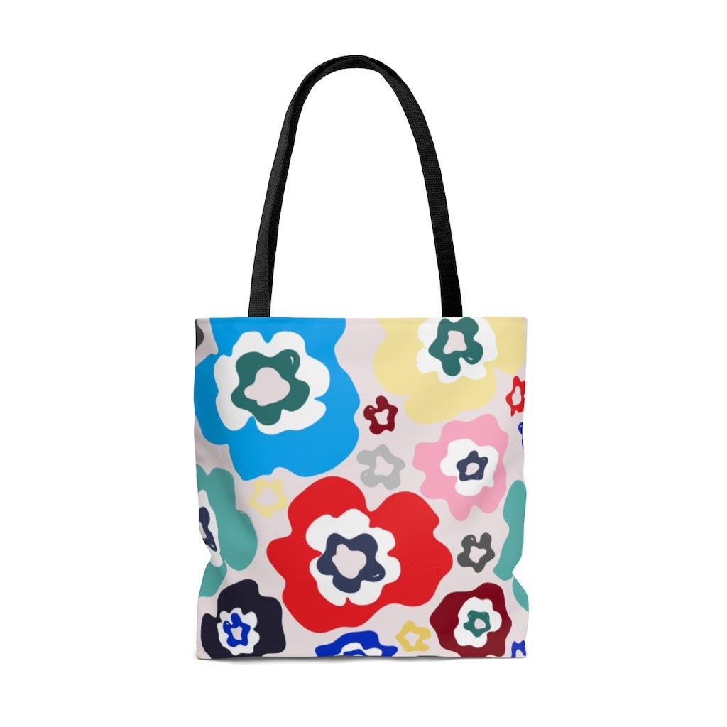 farmhouse floral tote bag with red, blue and yellow flowers