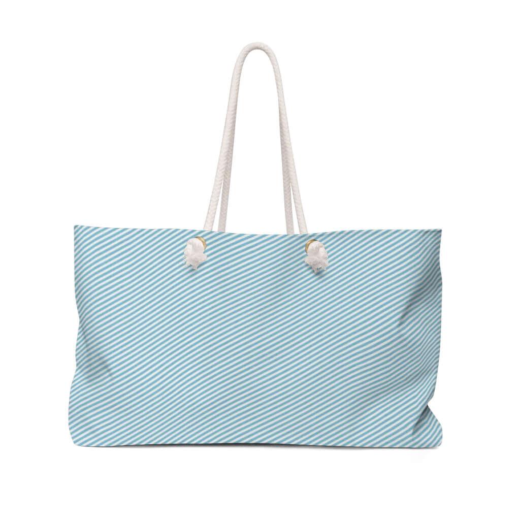 blue pinstripe weekender travel bag with rope handles