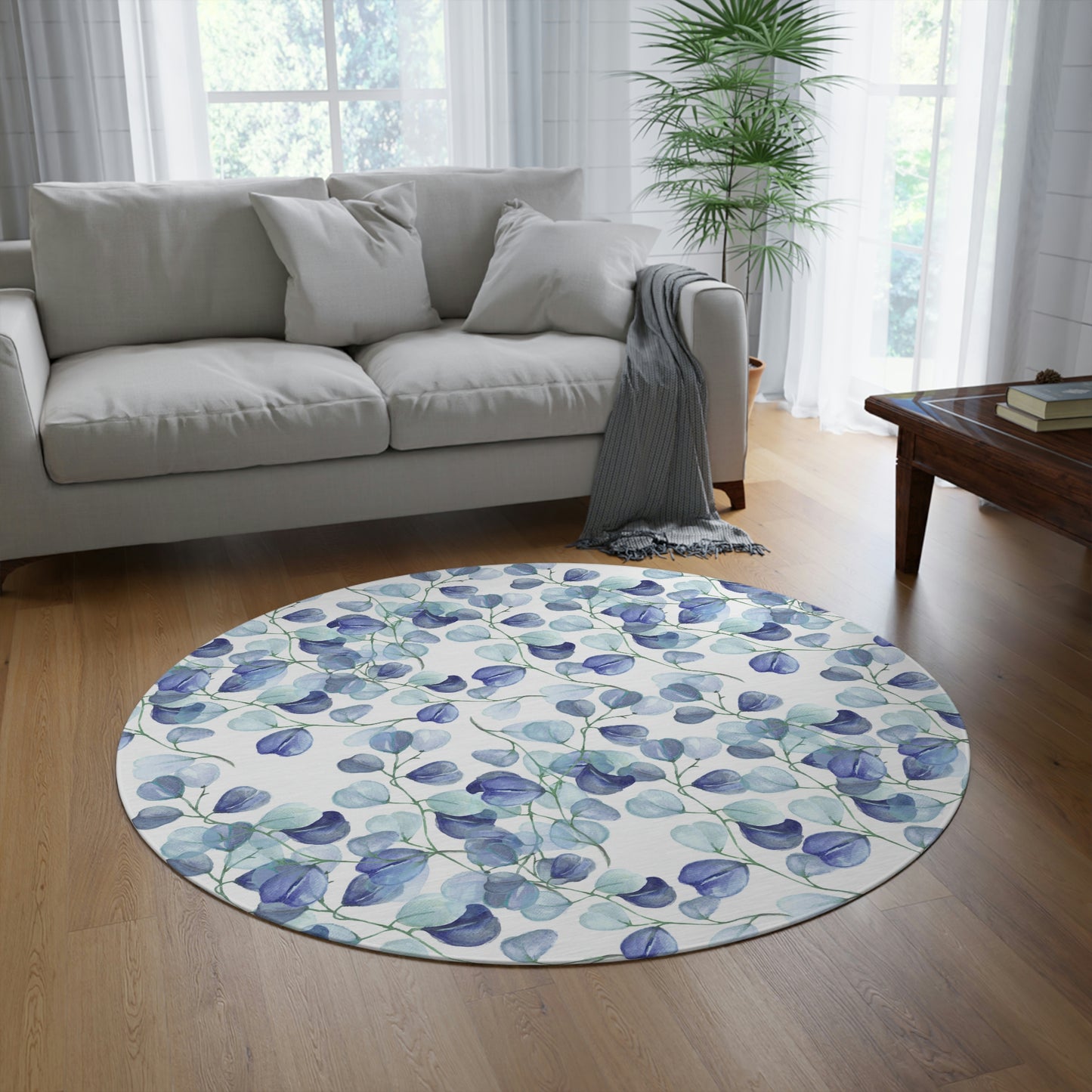 Blue Leaf Round Rug