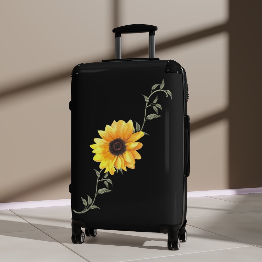 Sunflower Suitcase / Custom Black Floral Luggage