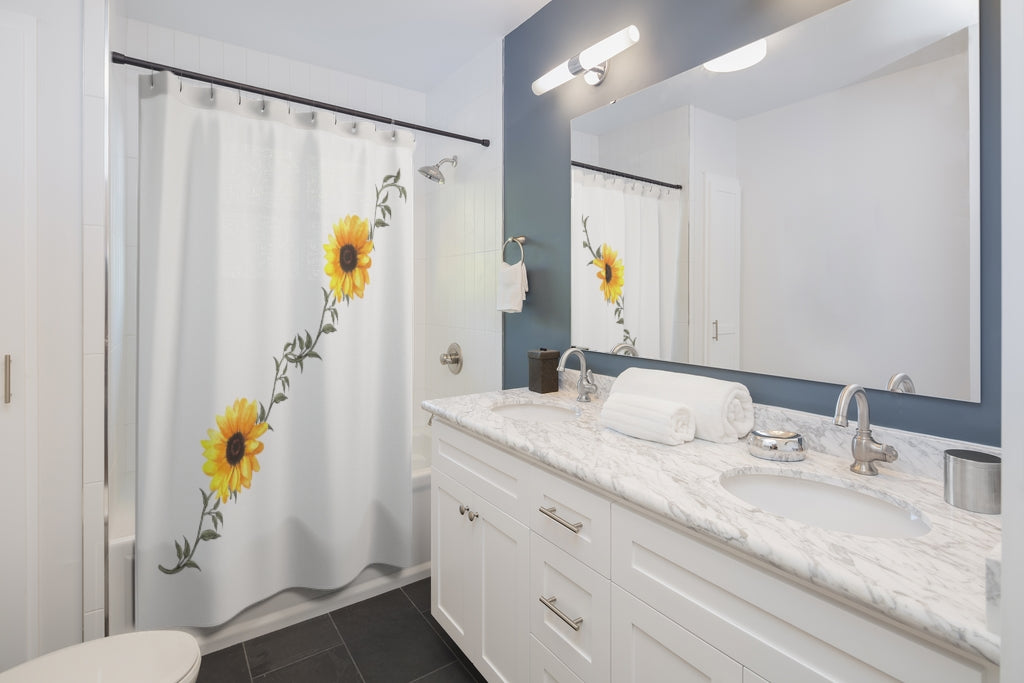 white shower curtain with sunflowers and green leaves