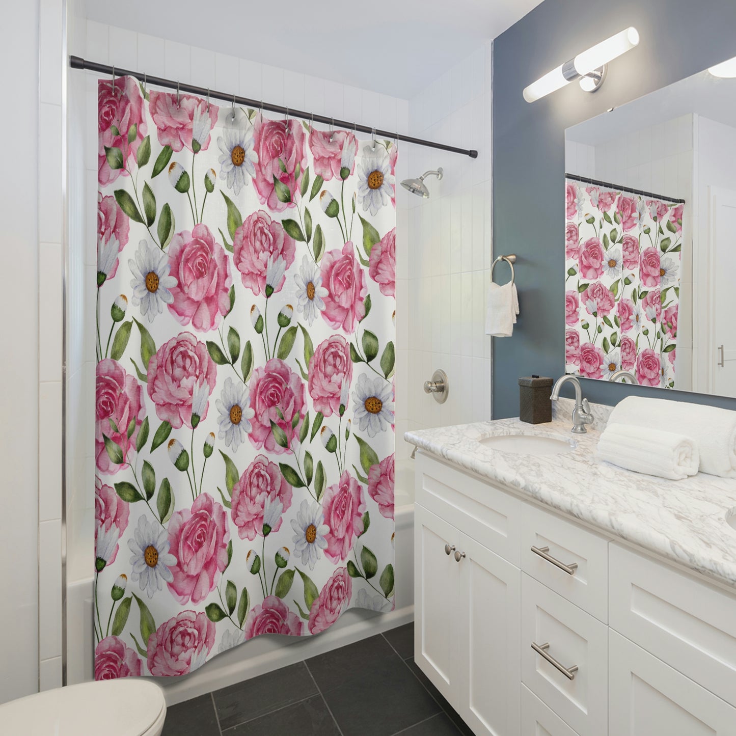 Floral Shower Curtain / Pink Rose Decor / Daisy Shower Curtain