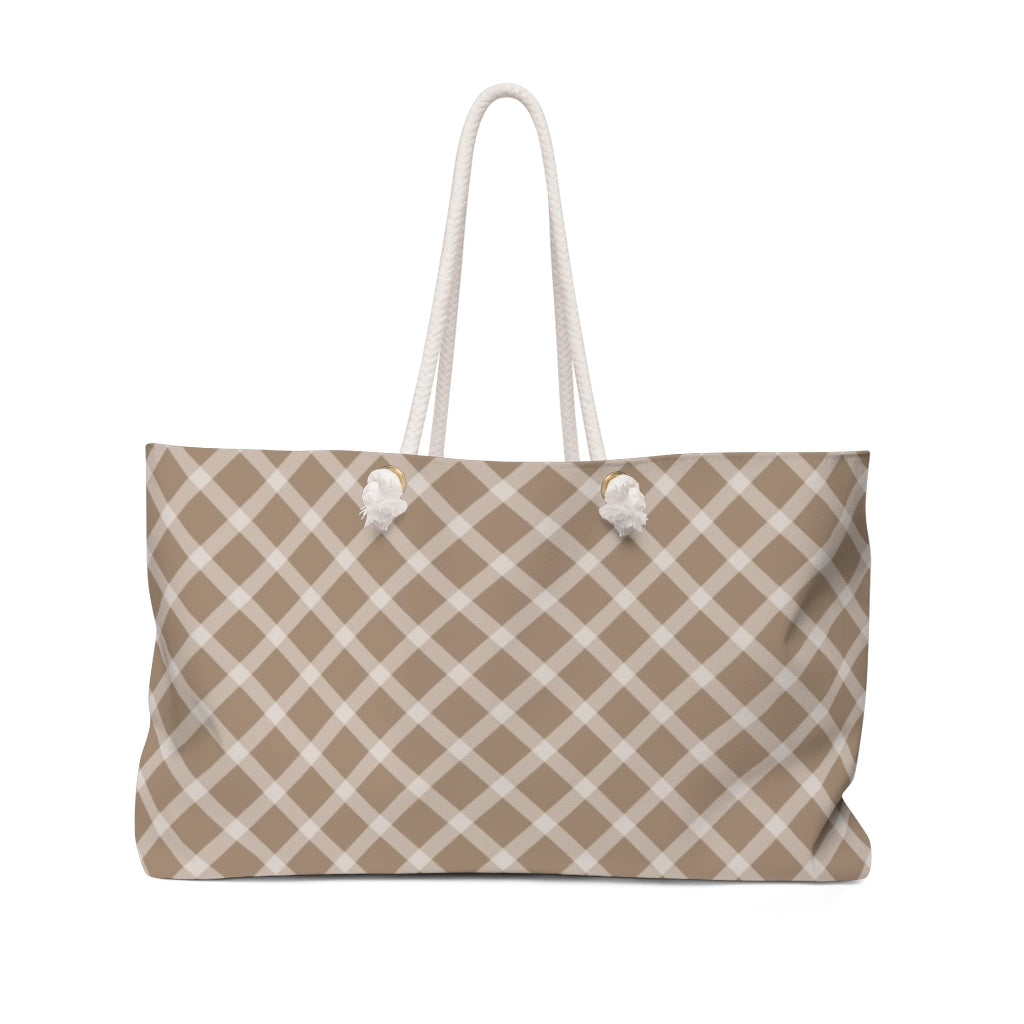 Taupe plaid weekender bag in farmhouse style.