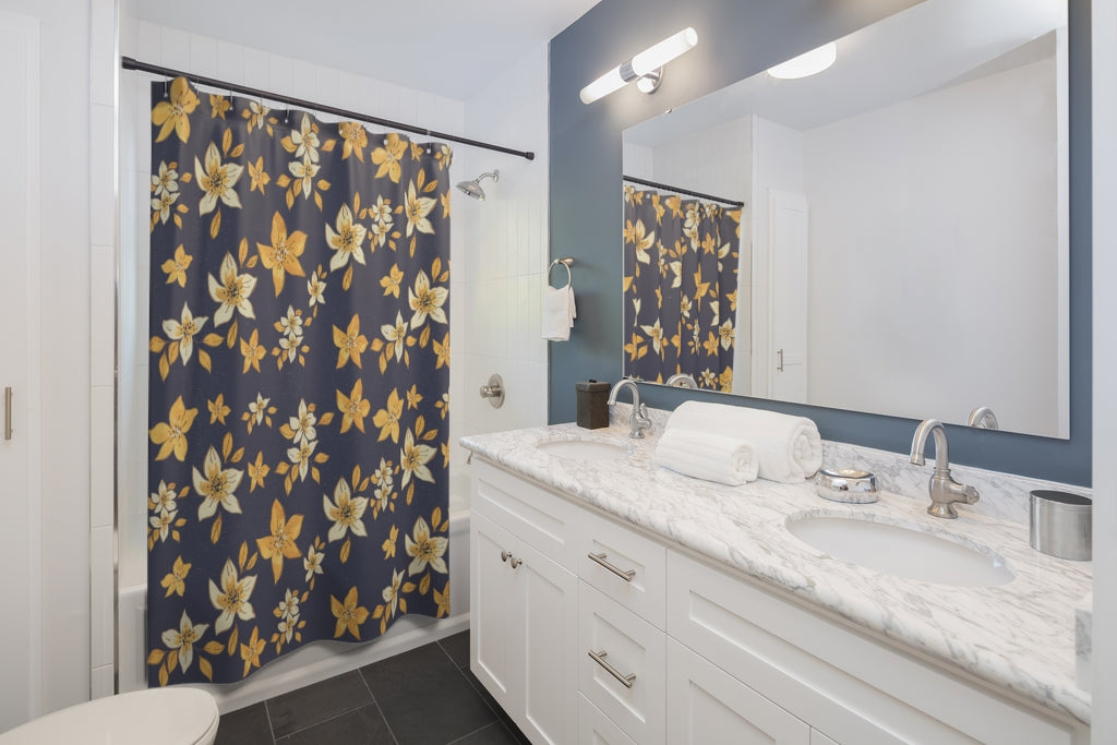 Navy Blue and Yellow Floral Shower Curtain
