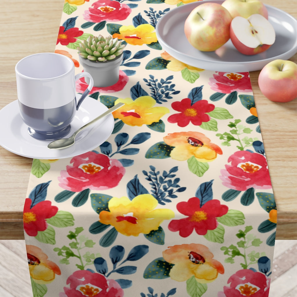 red and navy blue flower table runner in summer flowers and green and blue leaves