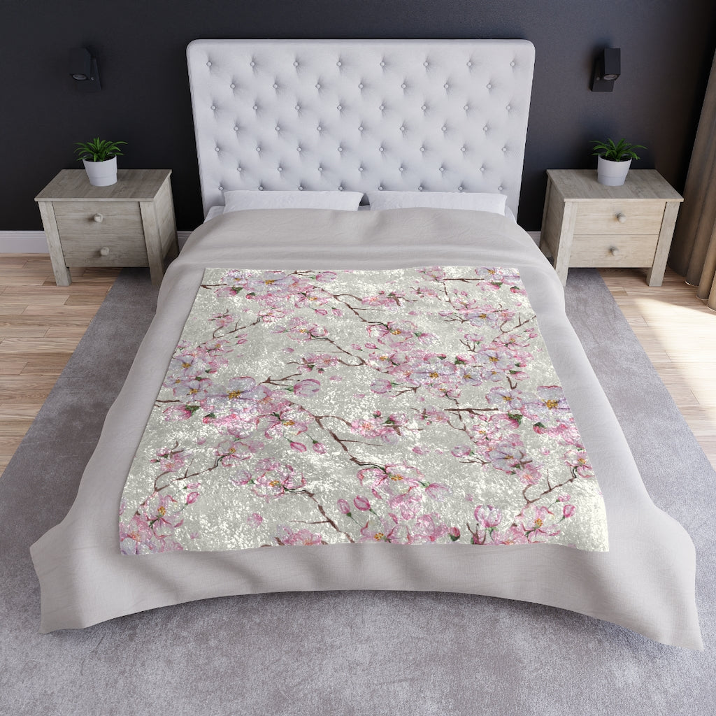 cherry blossom velvet blanket in pink and white flowers