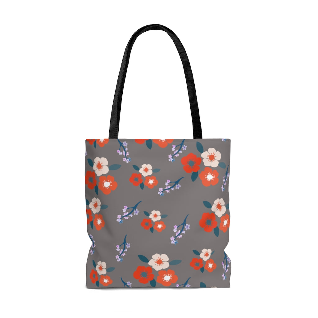 womens gray floral tote bag with orange flowers