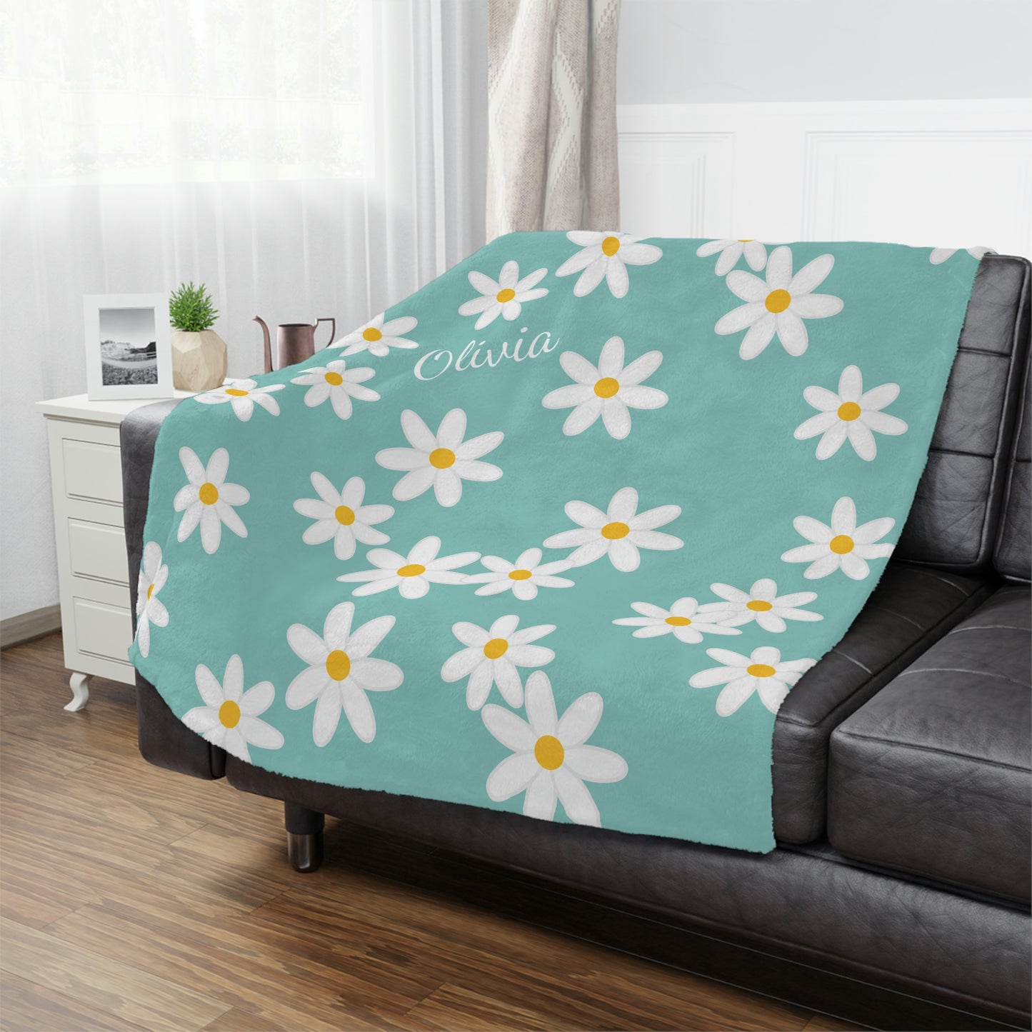 Personalized Name Teal Daisy Blanket