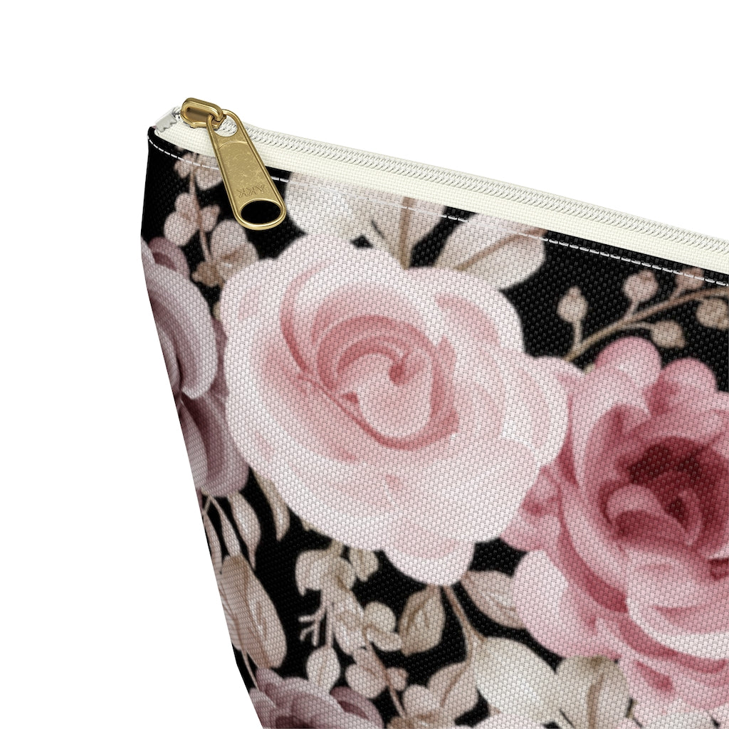Black Floral Make Up Bag / Pink Flower Cosmetic Bag