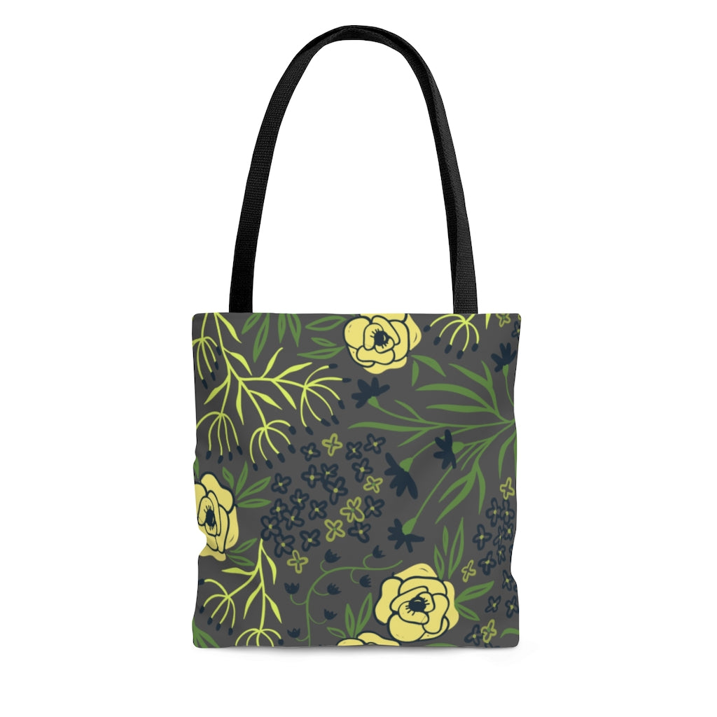 womens navy blue, gray and yellow flowers tote bag