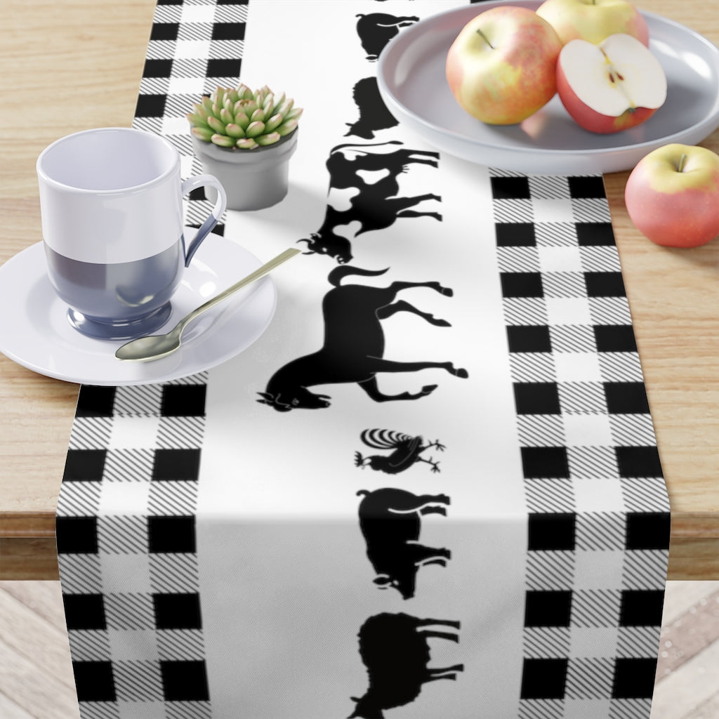black and white table runner with farm animals