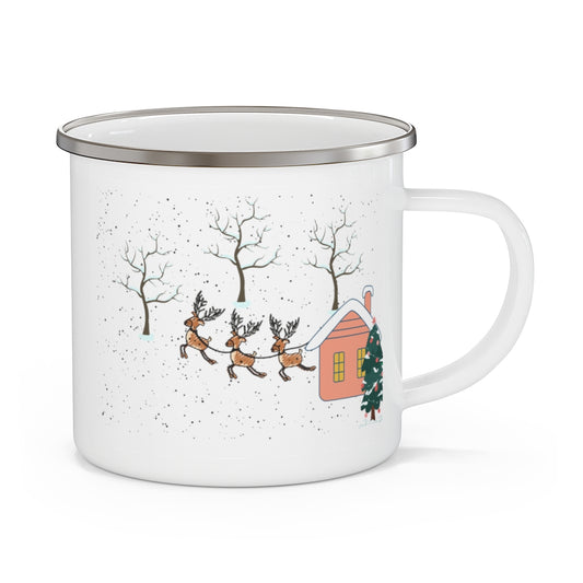 reindeer camping mug with reindeer and christmas tree and house 