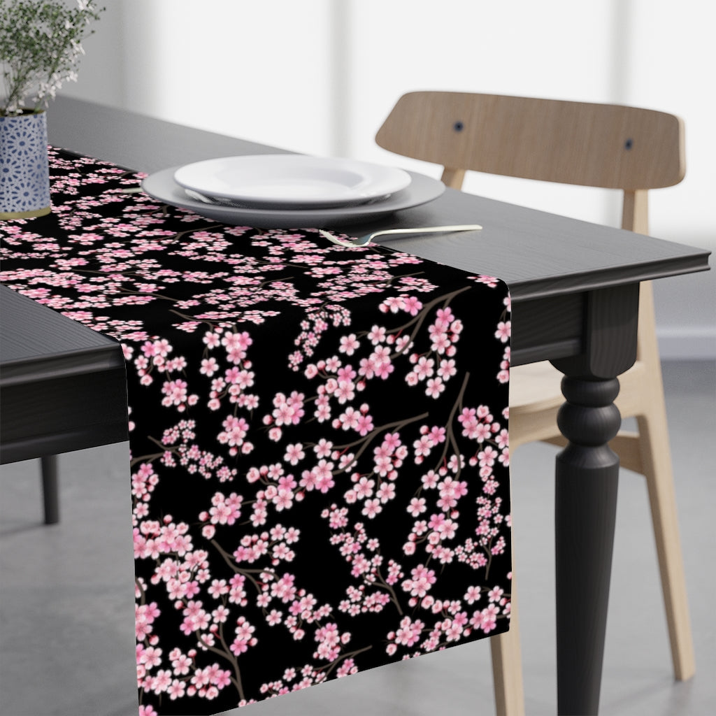 pink cherry blossom flower table runner with black background
