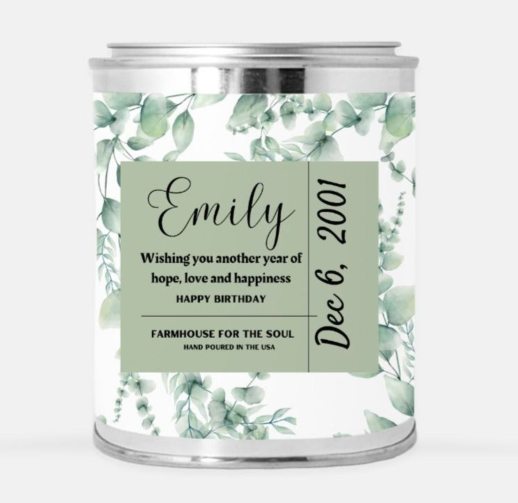 personalized birthday candle with eucalyptus leaves print