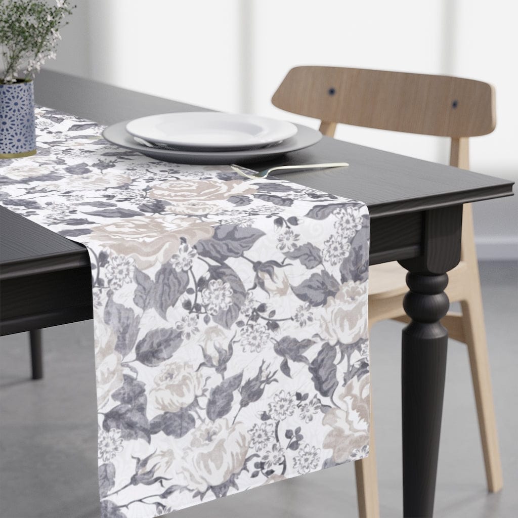 flower and leaves table runner in pink and gray
