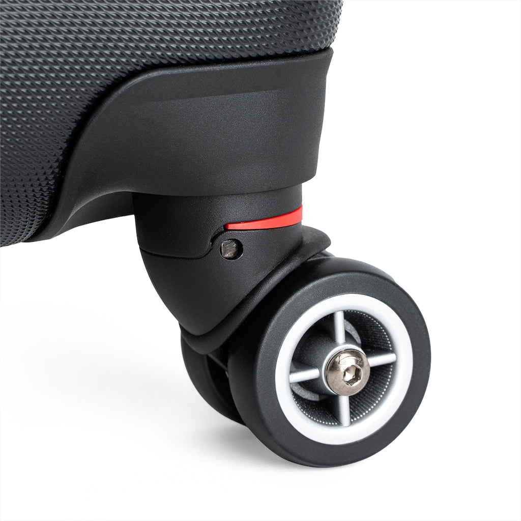 picture of the wheels on the rose wheeled suitcase