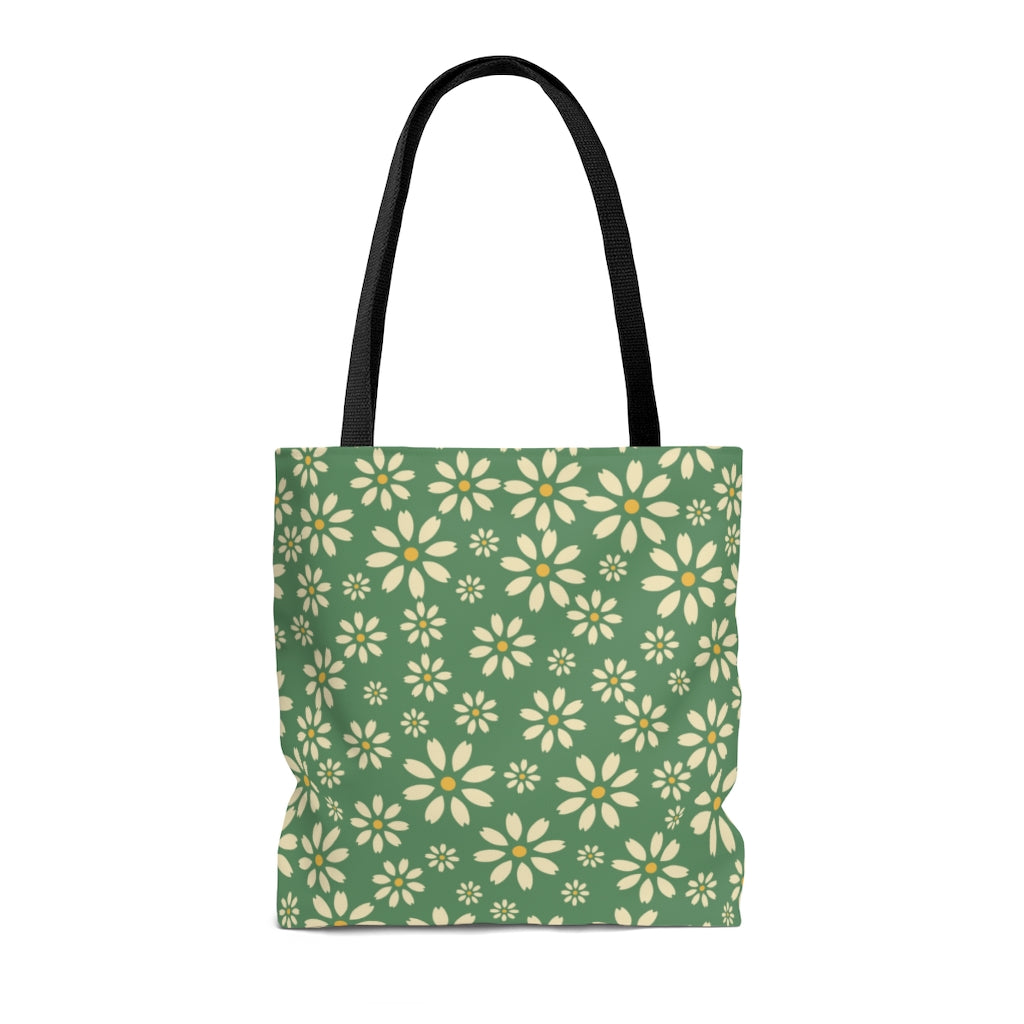 sage green tote bag with daisy pattern for spring or summer