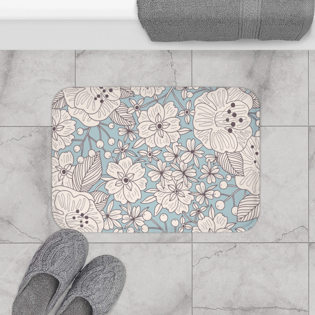 Floral Bath Mat / Blue Bathroom Decor