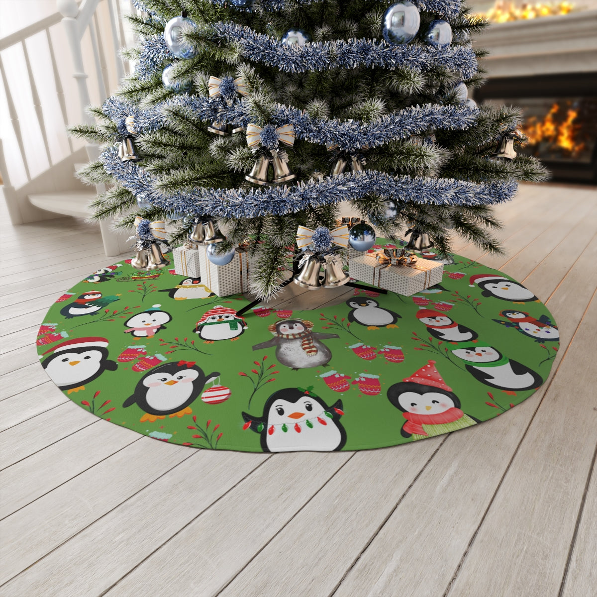 penguin christmas tree skirt in green color