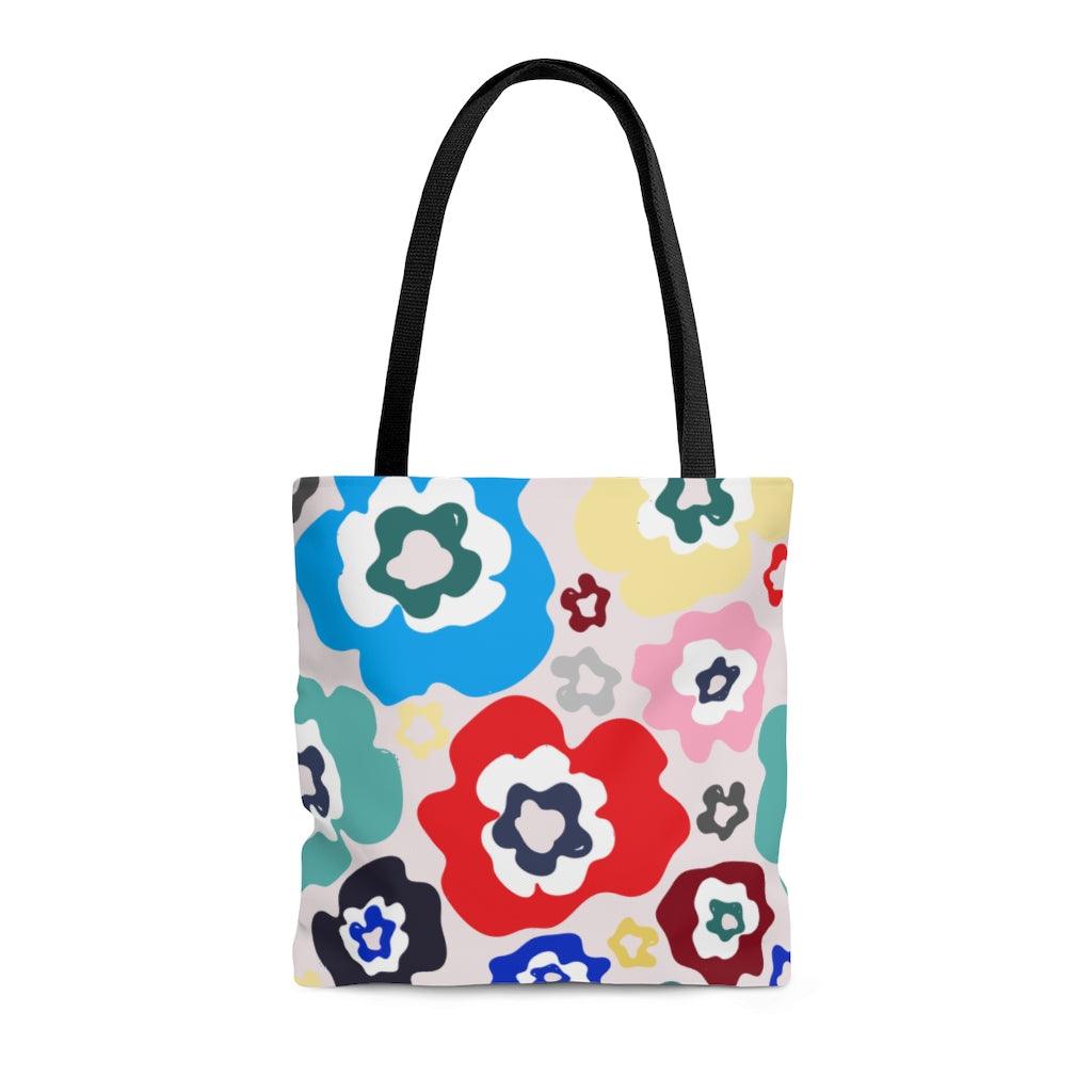 womens tote bag with red, blue and yellow flowers