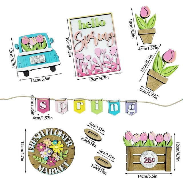 spring tiered tray signs with farmhouse truck and tulips