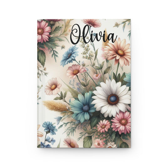 personalized pink, blue and white daisy writing journal