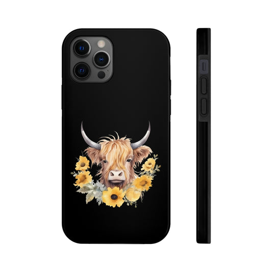highland cow iphone case with yellow flower print