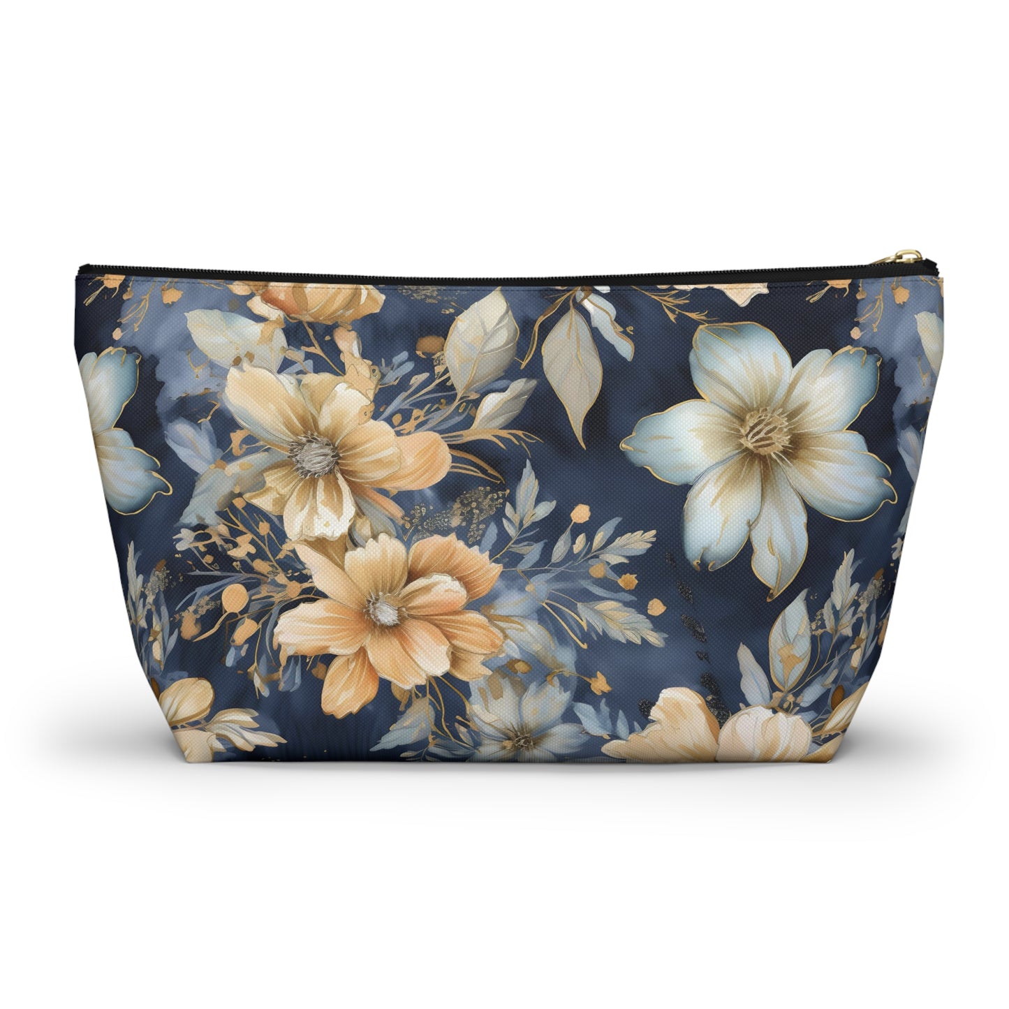 Gold Floral Makeup Bag / Personalized Cosmetic Bag