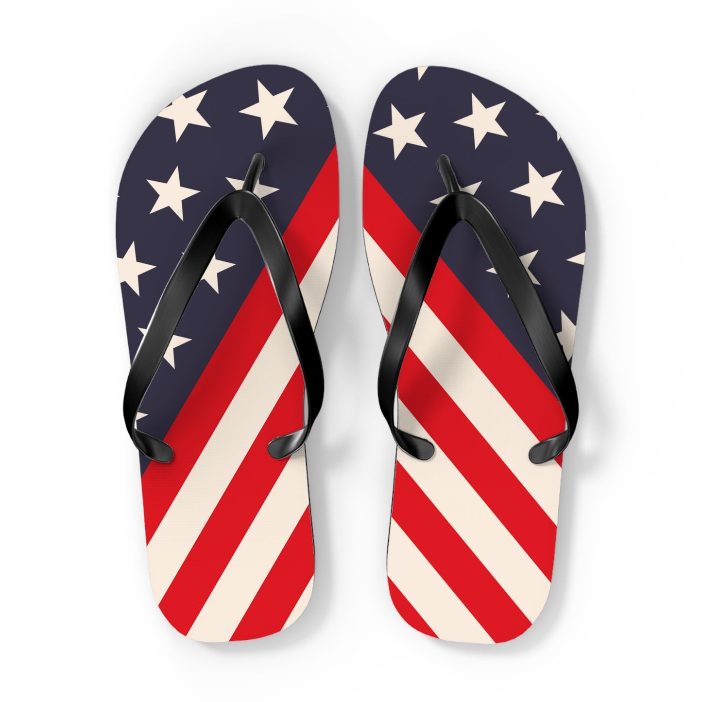 4th of july patriotic flip flops with red, white and blue star and stripes in usa flag print