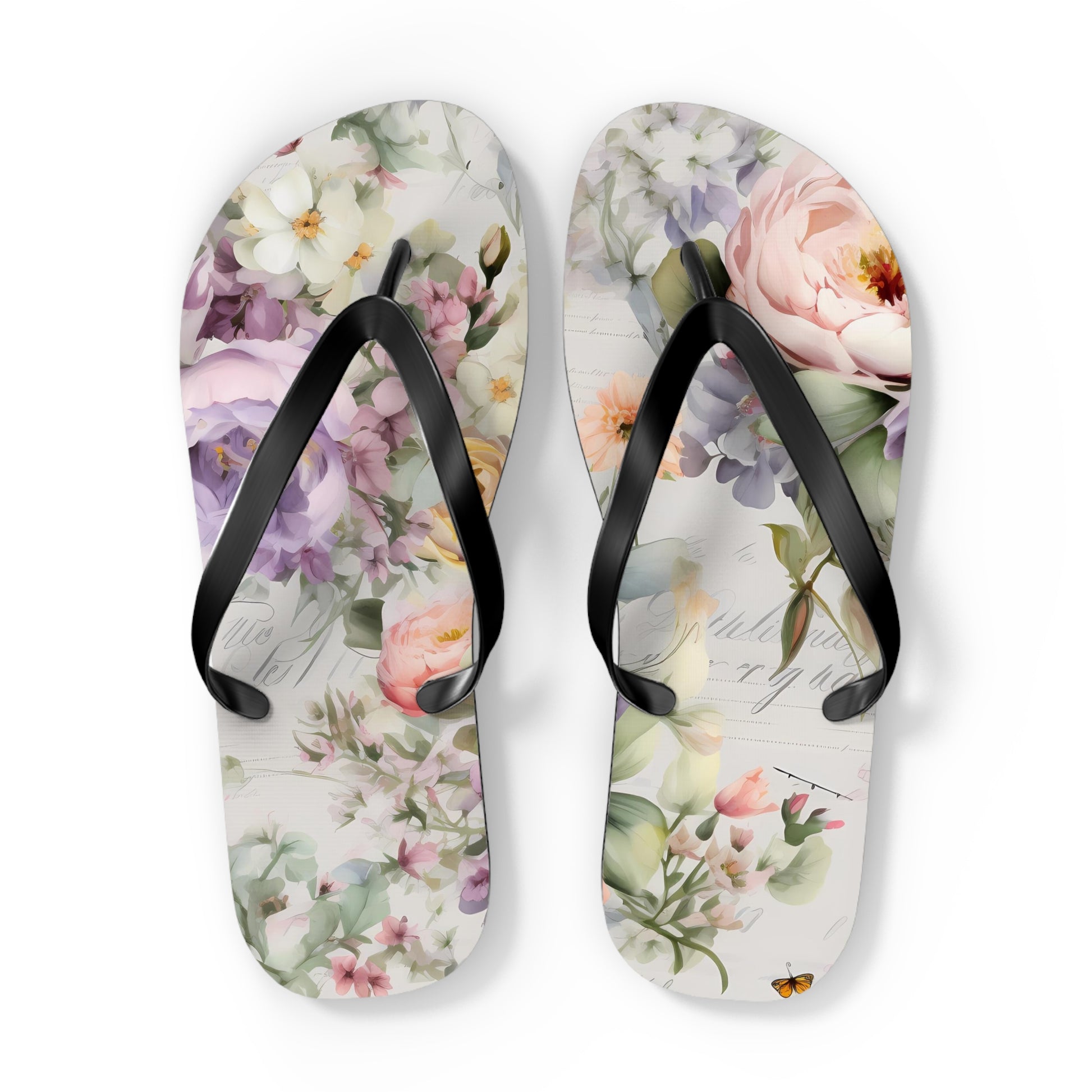 summer flip flops with pink, purple and green peony flower print