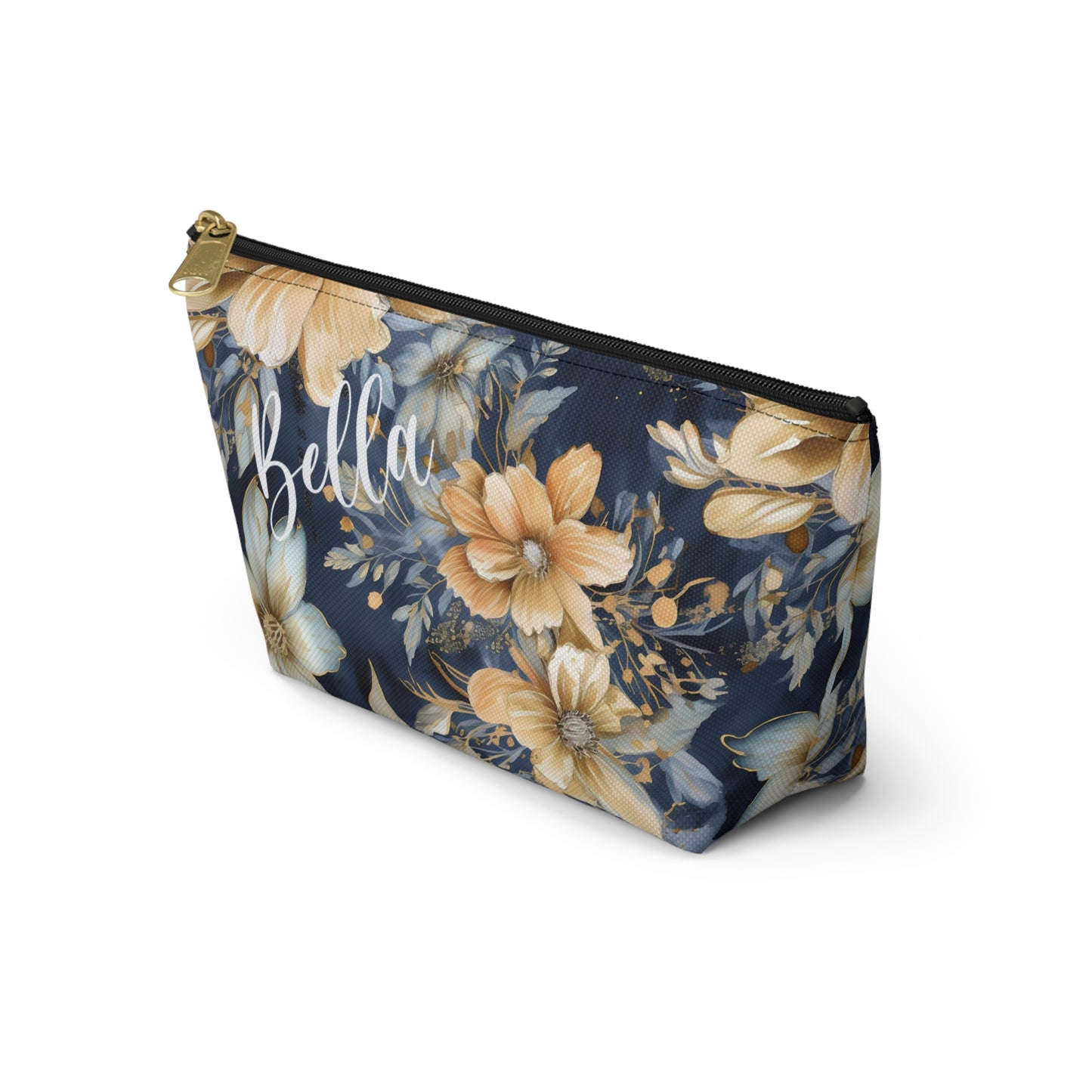 Gold Floral Makeup Bag / Personalized Cosmetic Bag